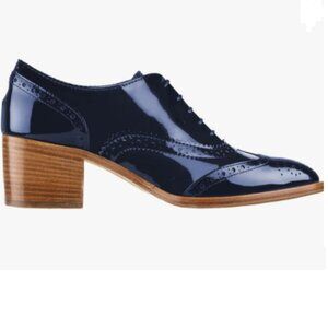 FOWT Navy Women's Perforated Lace-Up Oxfords Almond Toe Mid Chunky Heel Shoes